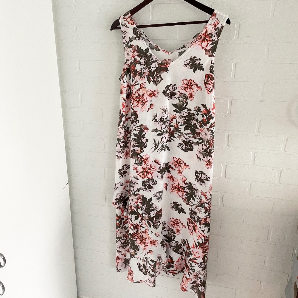Romantic Linen Floral Midi Dress Ruffle Hem Effortless Chic Cream Olive Coral M - Picture 2 of 10